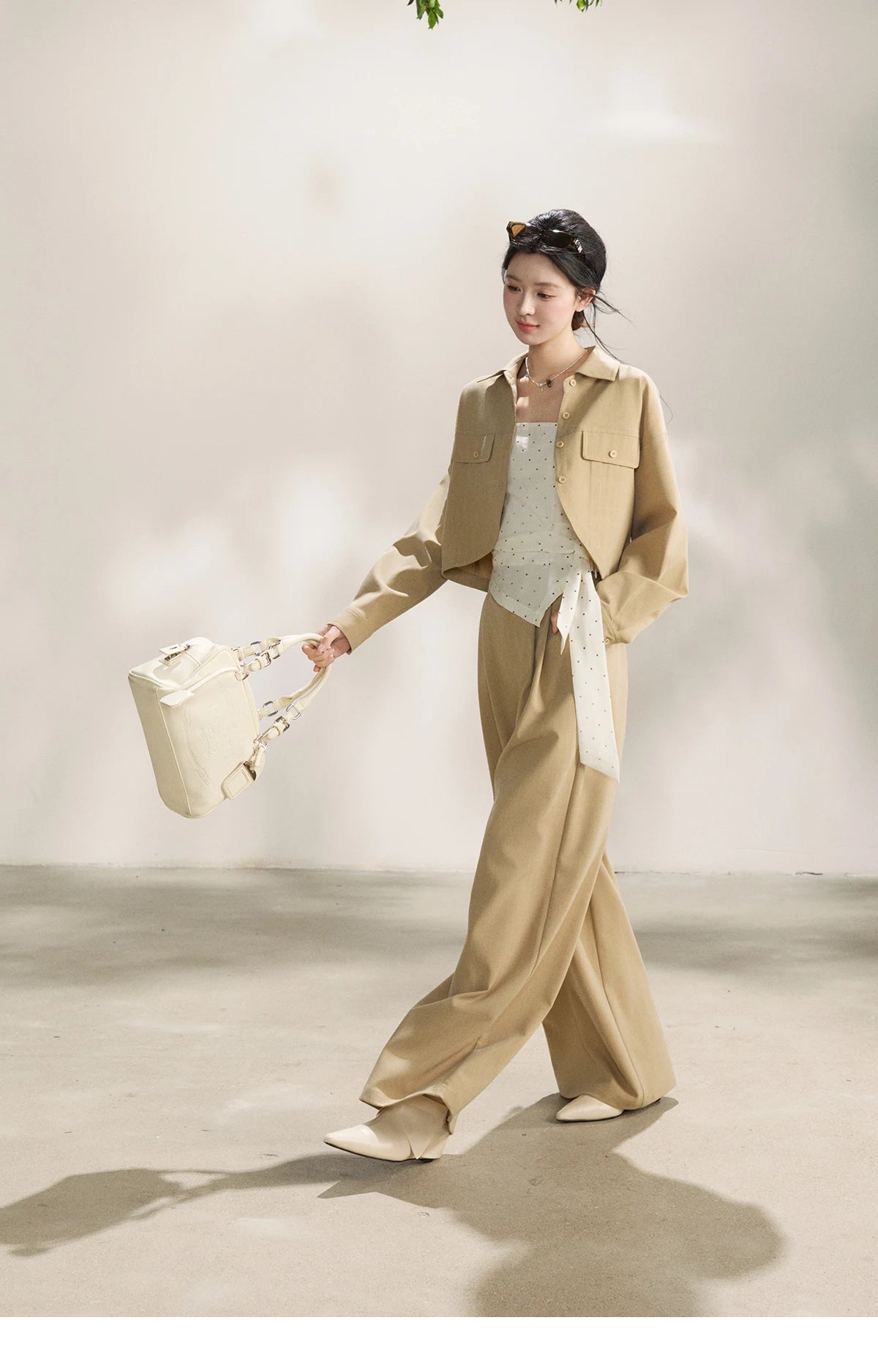 Mishow Khaki Cropped Jacket & Polka Dot Vest & Wide Leg Pants Three-Piece Set MXF13T1478