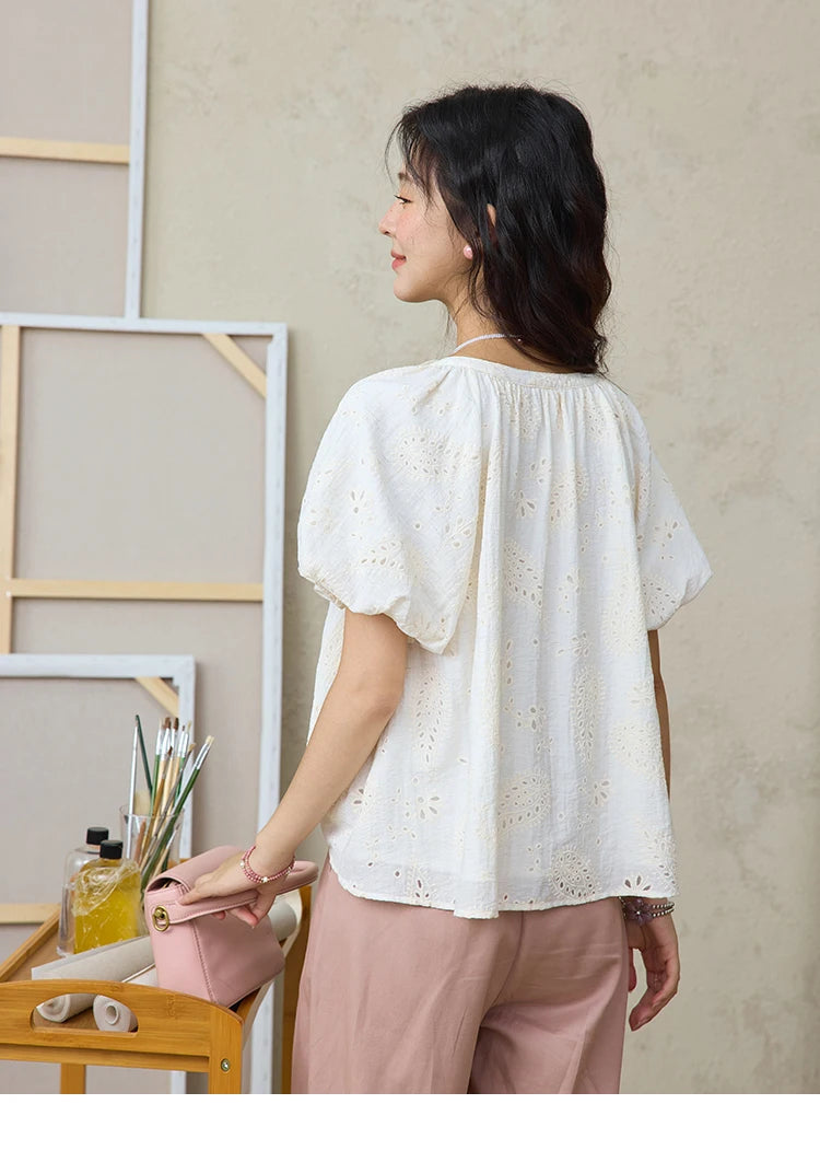 MISHOW Embroidery Jacquard Shirt V-Neck Lace Up Puff Sleeve MXE35X1790