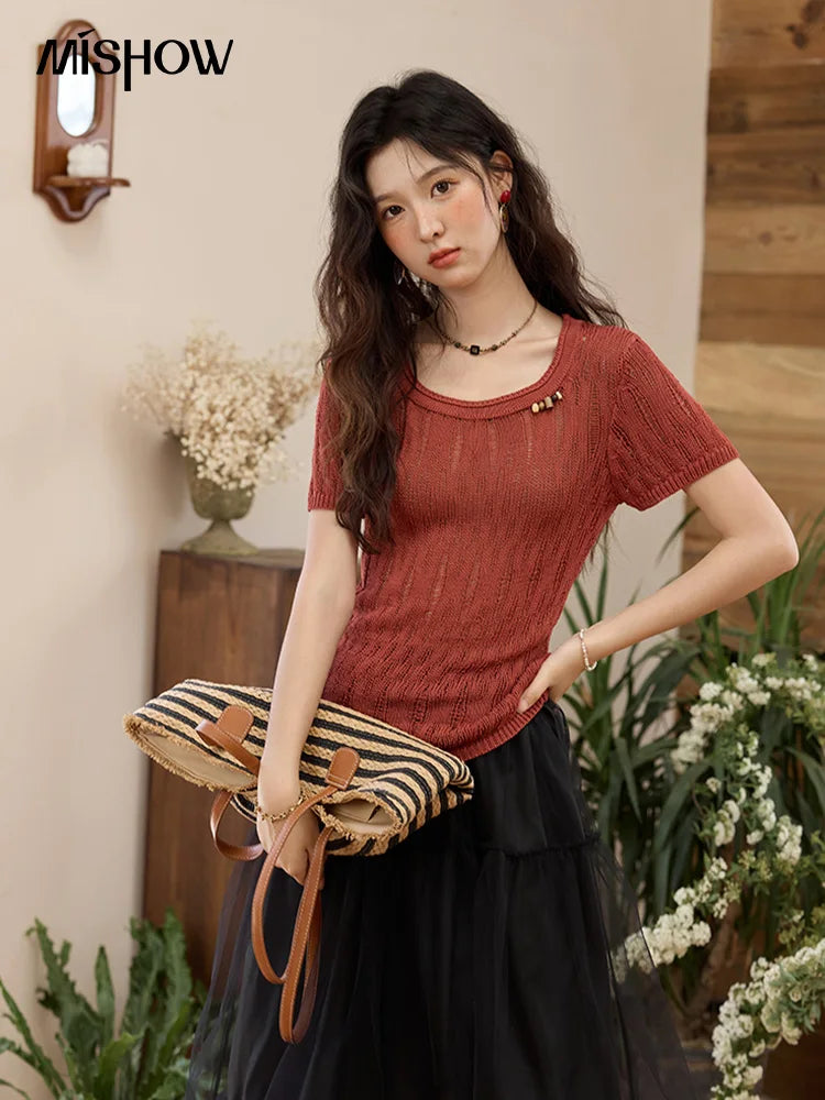 Mishow Retro Red Hollow Bead Knit Tee MXE35Z1271