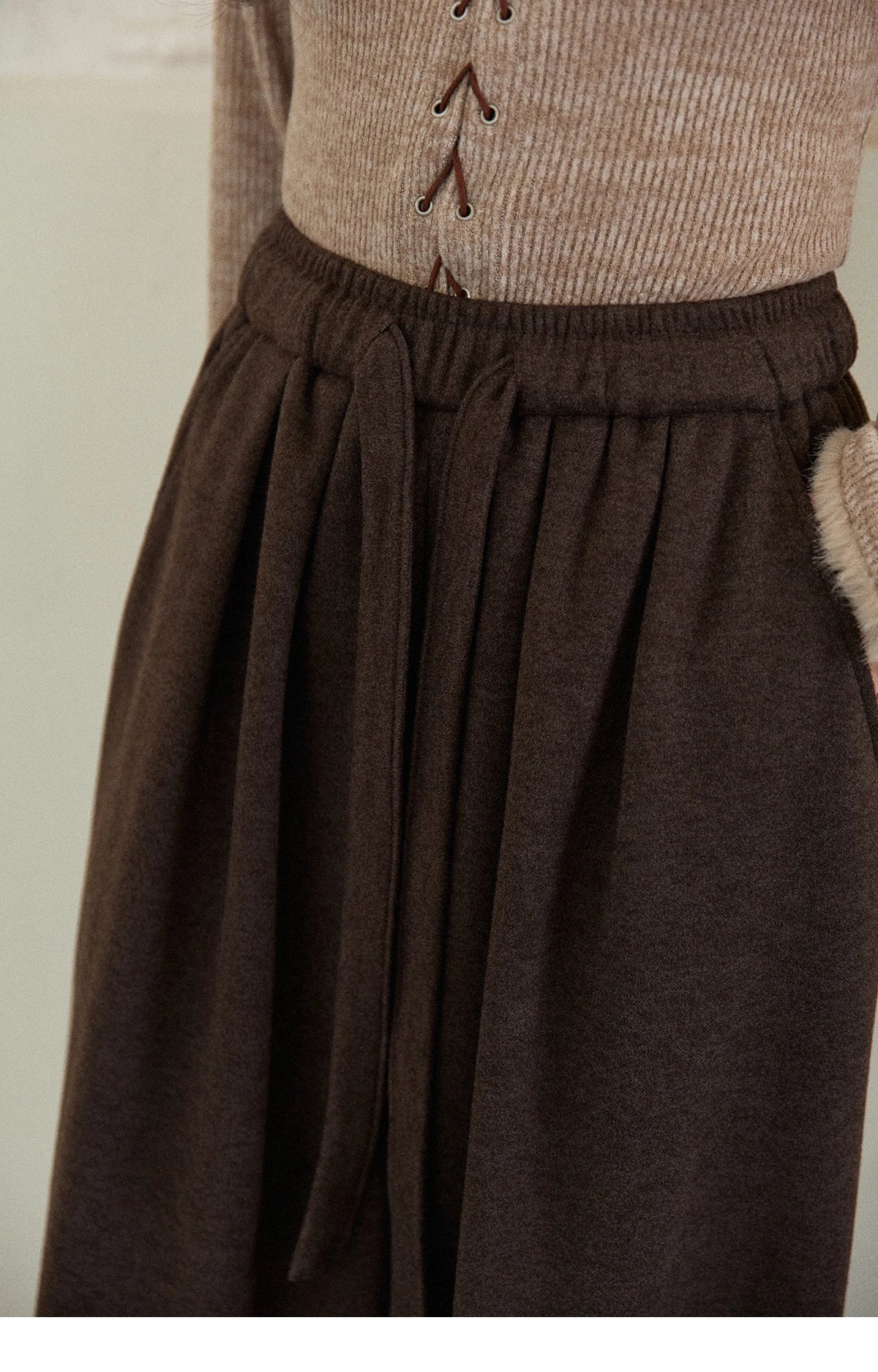 MISHOW Brown Wide-Leg Pants Thickened Drawstring Waistband MXE87K1126