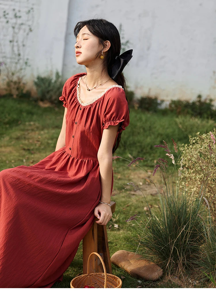 Mishow French Puff Sleeve Lace Neck Long Dress MXE35L2297