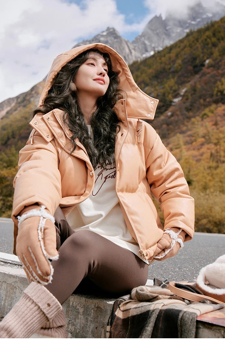 Mishow Hooded Imitation Leather Short Down Jacket MXC52Y0008