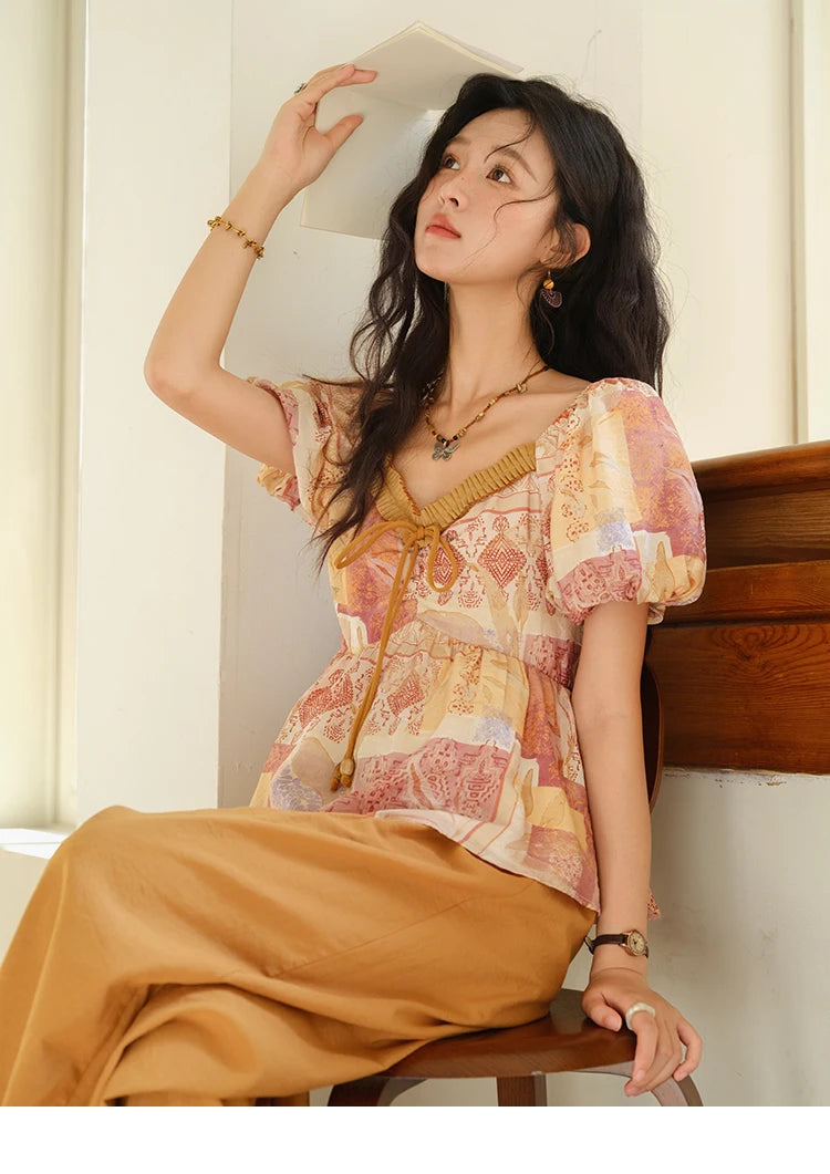 MISHOW V-Neck Lace Up Patchwork Blouse Puff Sleeve Floral Print MXE38X1911