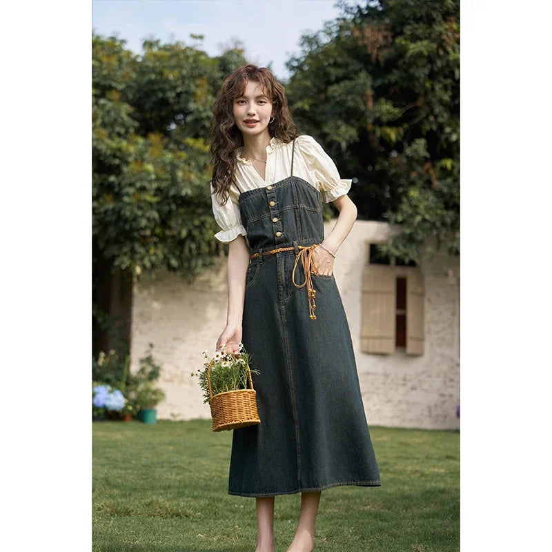 MISHOW Denim Suspender Dress & Puff Sleeve Blouse Set MXD21L1664