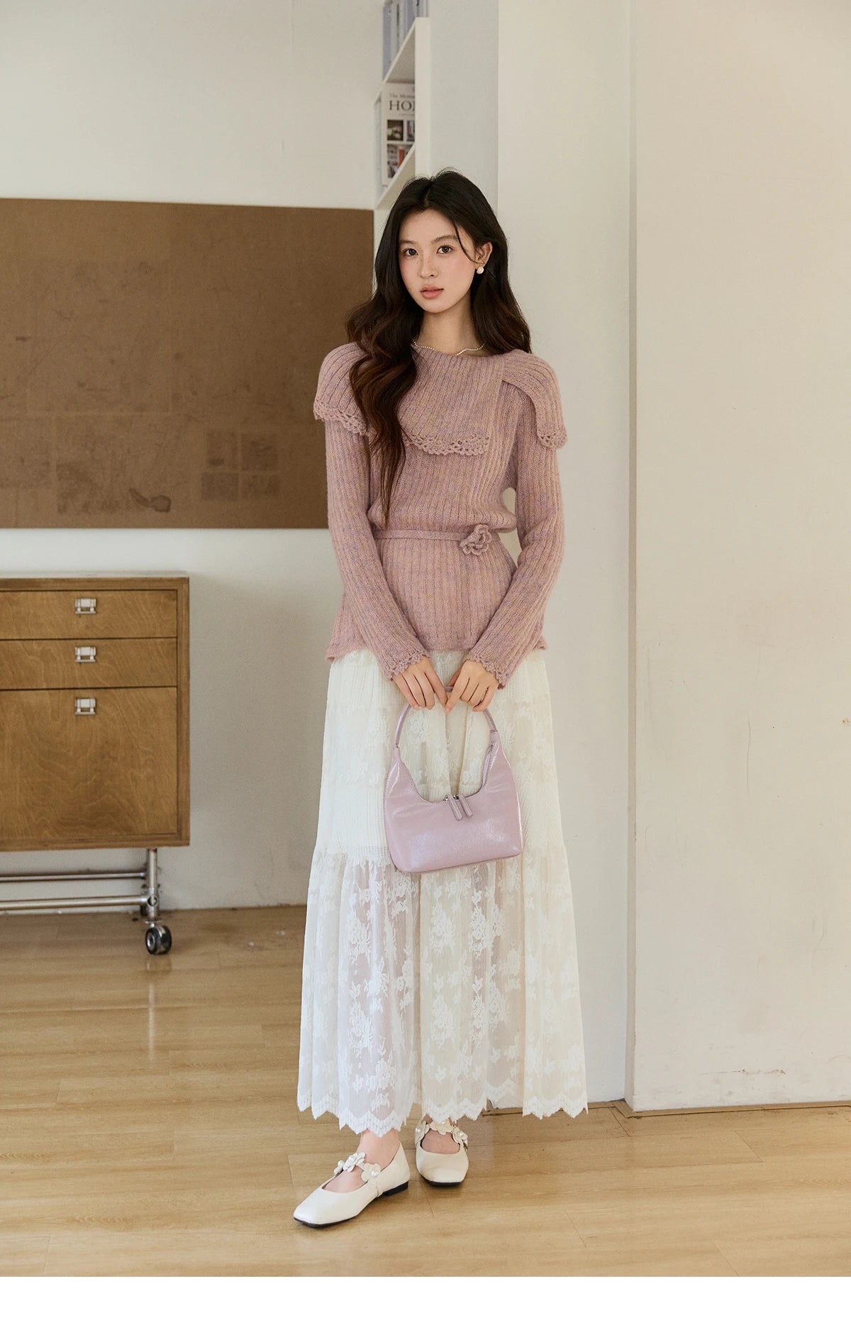 Mishow Pink Large Collar Lace Belted Pullover MXF11Z2901