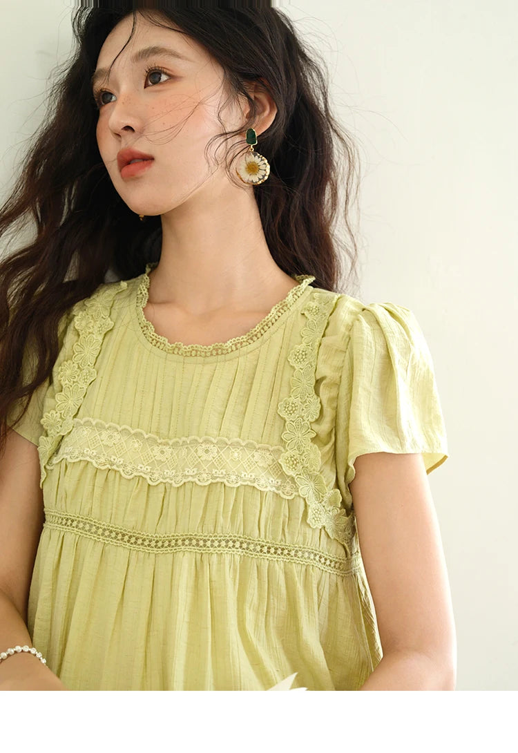 MISHOW Round Neck Blouse Mushroom Edge Lace Short Sleeve MXE39X1887