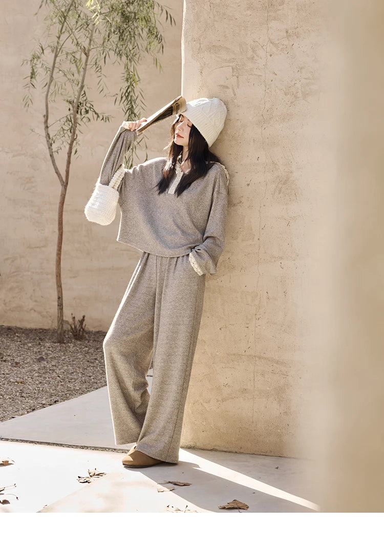 Mishow Lace Splicing Hooded Sweatshirt & Wide Leg Pants Set MXD34V0098