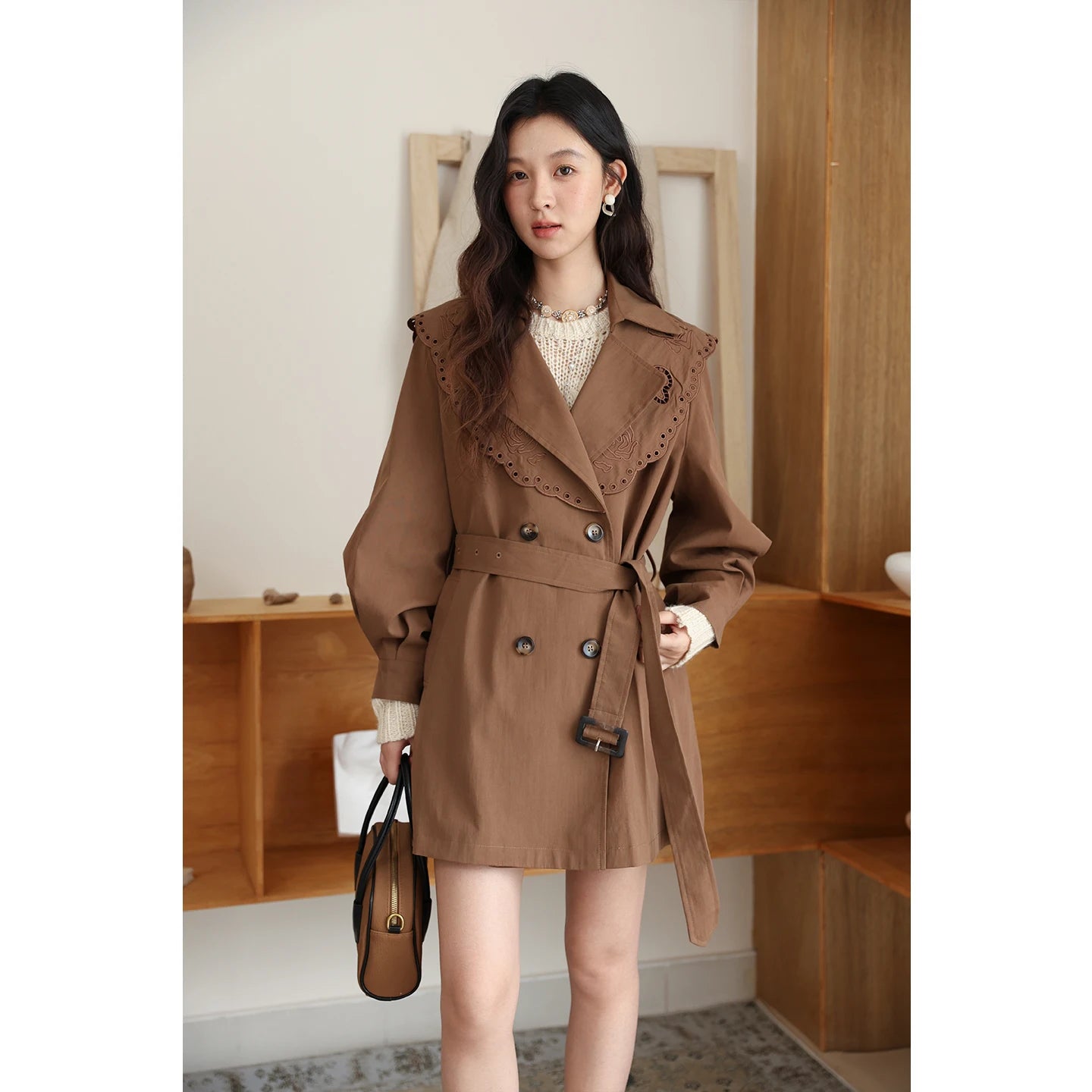 Mishow Hollow Embroidery Mid-Length Trench Coat MXE46W0862