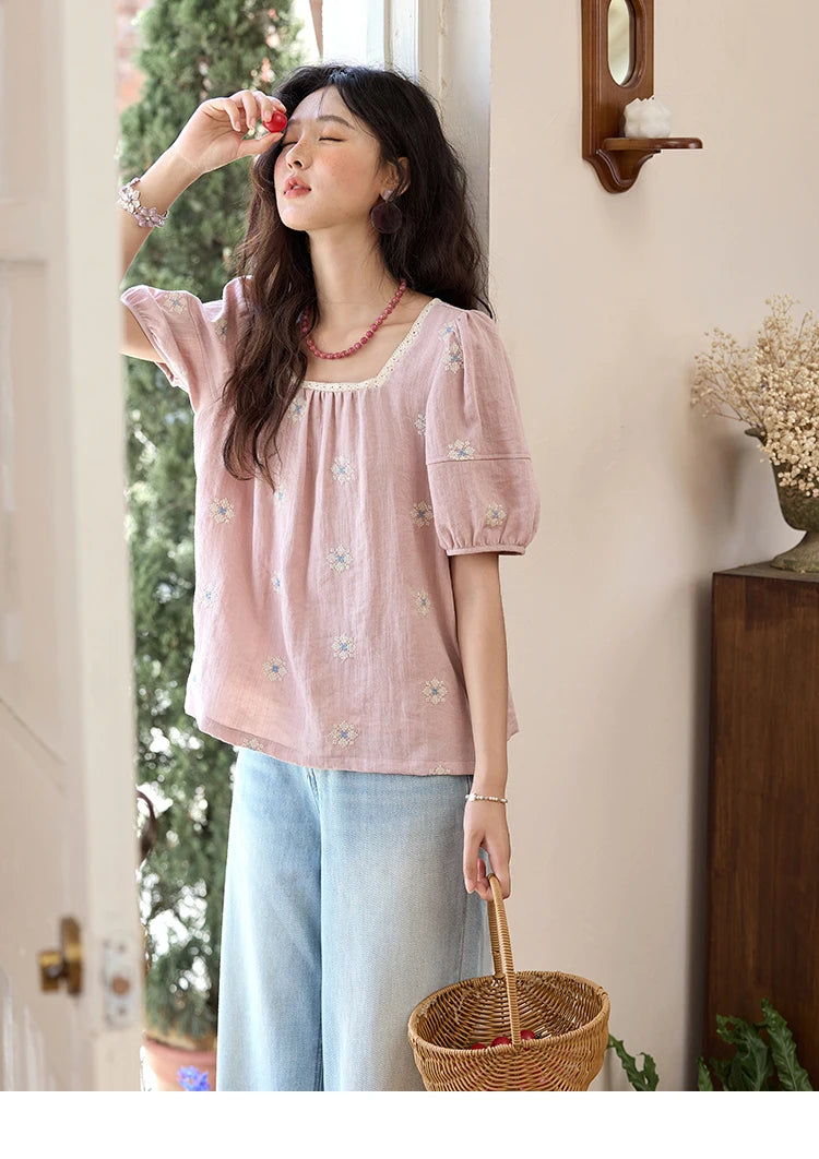 MISHOW Pink Embroidered Linen Blouse Square Collar Lace Patchwork MXE35X1834