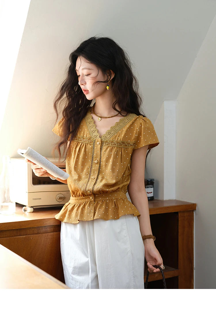 MISHOW V-Neck Lace Polka Dot Blouse Ruffled Button MXE38X1847