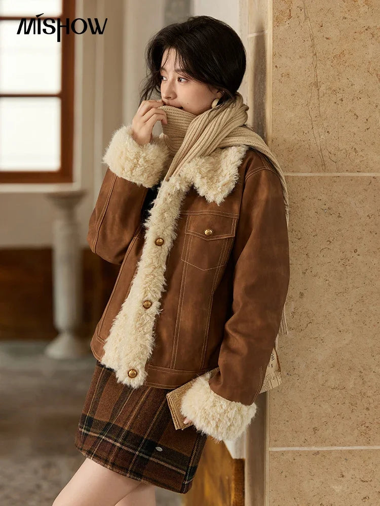 Mishow Leather Fur Lamb Wool Spliced Jacket MXD56W0538