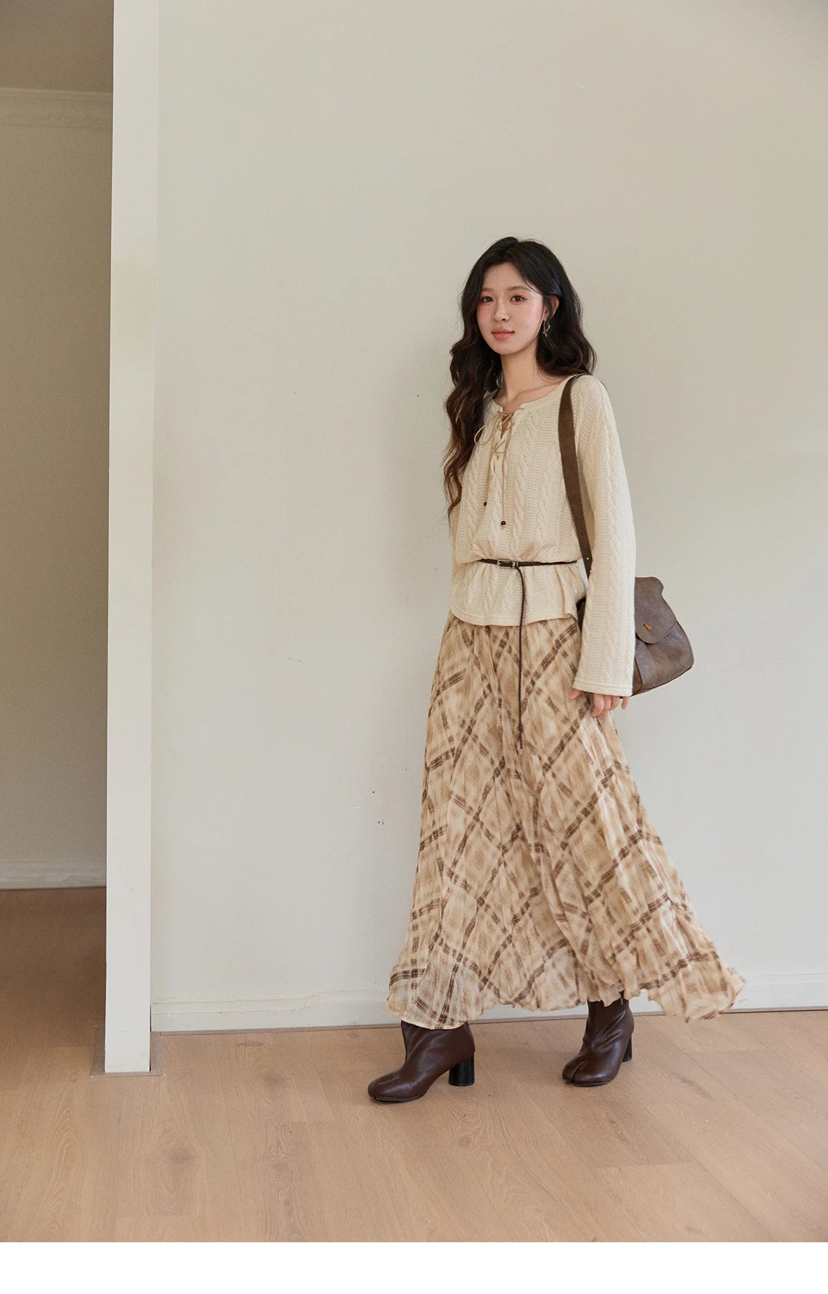 Mishow Beige V-Neck Lace-Up Cable Knit Sweater MXF108Z1029