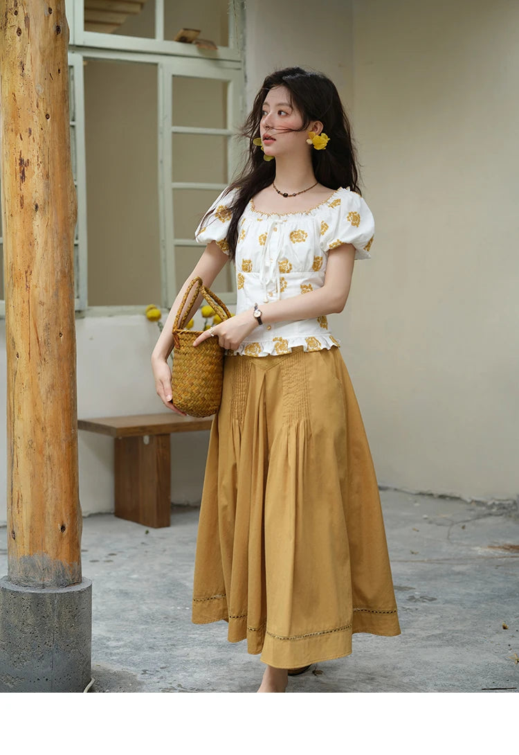 MISHOW Yellow Flower Embroidery Blouse Puff Sleeve Lace Up MXE35X1811