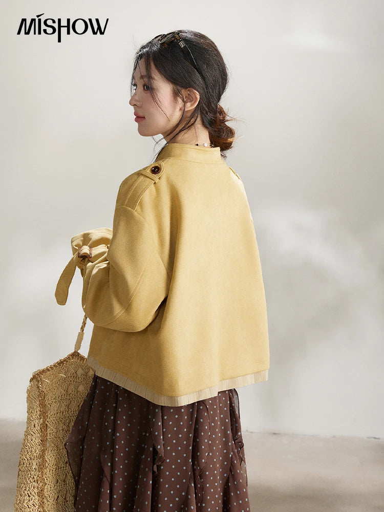 Mishow Yellow Double-Breasted Stand Collar Trench MXF11W1026