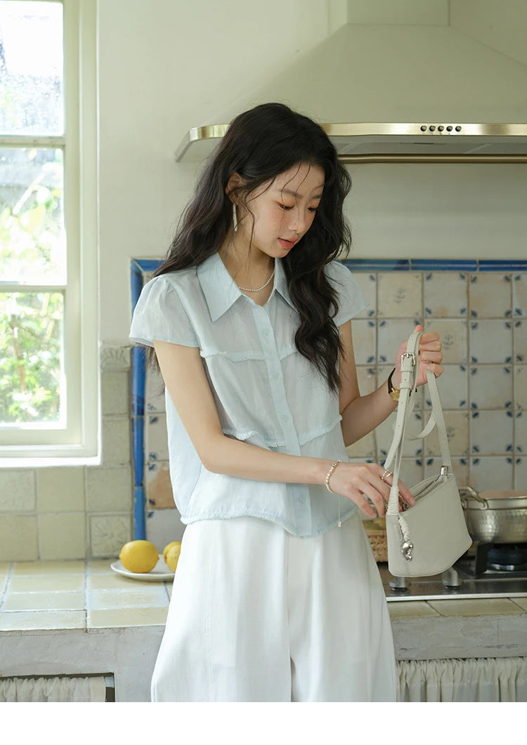 MISHOW Turn-Down Collar Button Shirt Edge Splicing Short Sleeve MXE39C2363