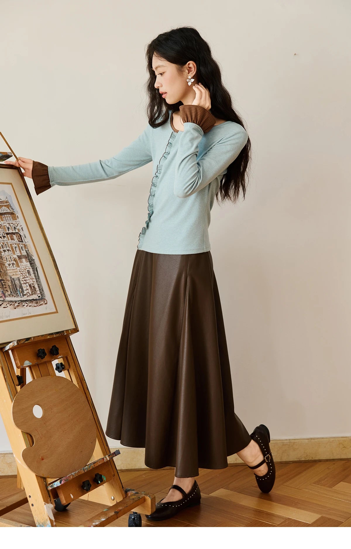 MISHOW PU Leather A-Line Skirt High Waist Retro Coffee MXE45B2412