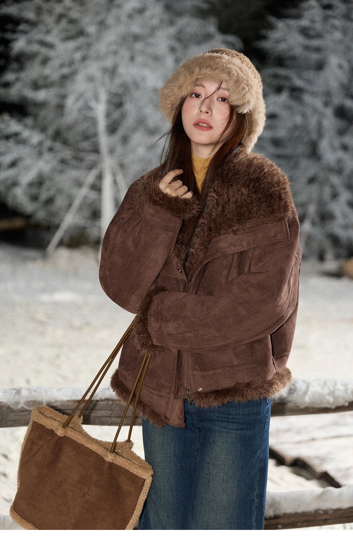 MISHOW Blue Plush Jacket Turn-Down Collar Zip-Up Loose MXE87W0917