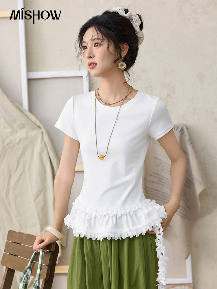Mishow White Ruffled Tee with Red Lanyard Necklace MXE34T0557