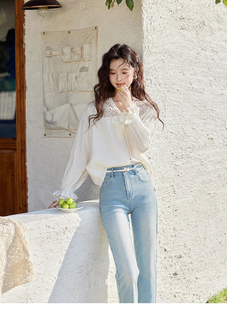 MISHOW Lace Patchwork Shirt V-Neck Fungus Edge Petal Sleeve MXE13X1713