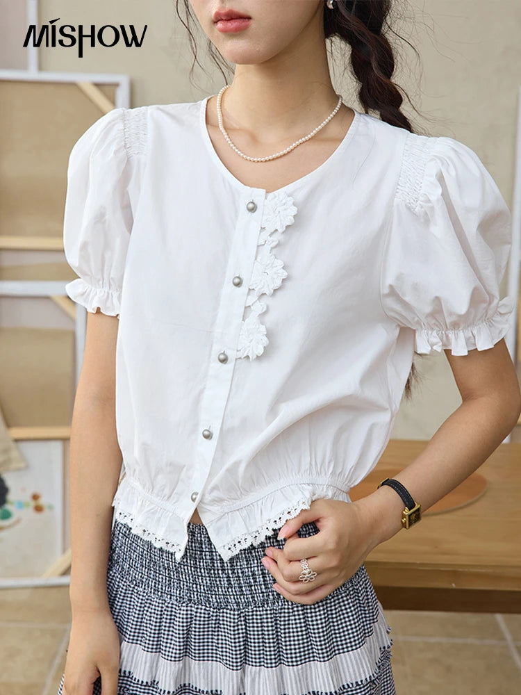 MISHOW Lace Puff Sleeve Shirt Flower Buttons Hem Elastic MXE34X1820