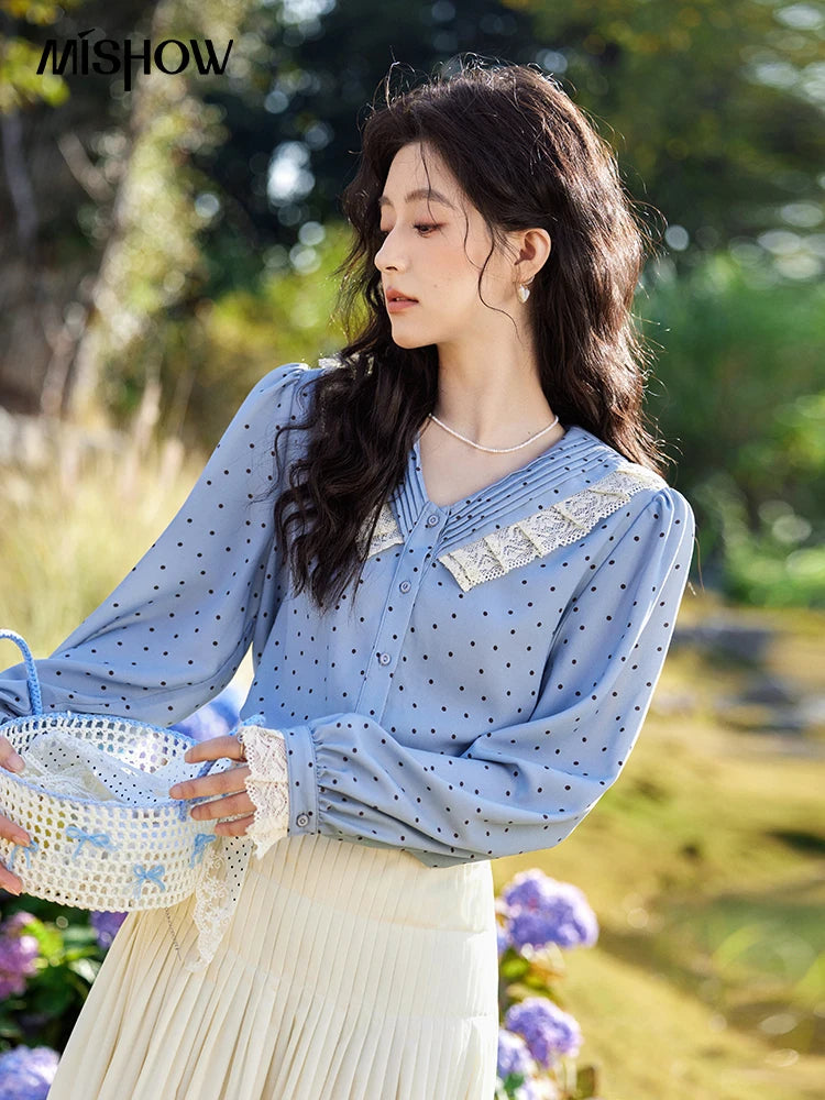 MISHOW Lace Patchwork Polka Dot Shirt V-Neck Hollow Out MXE12X1707