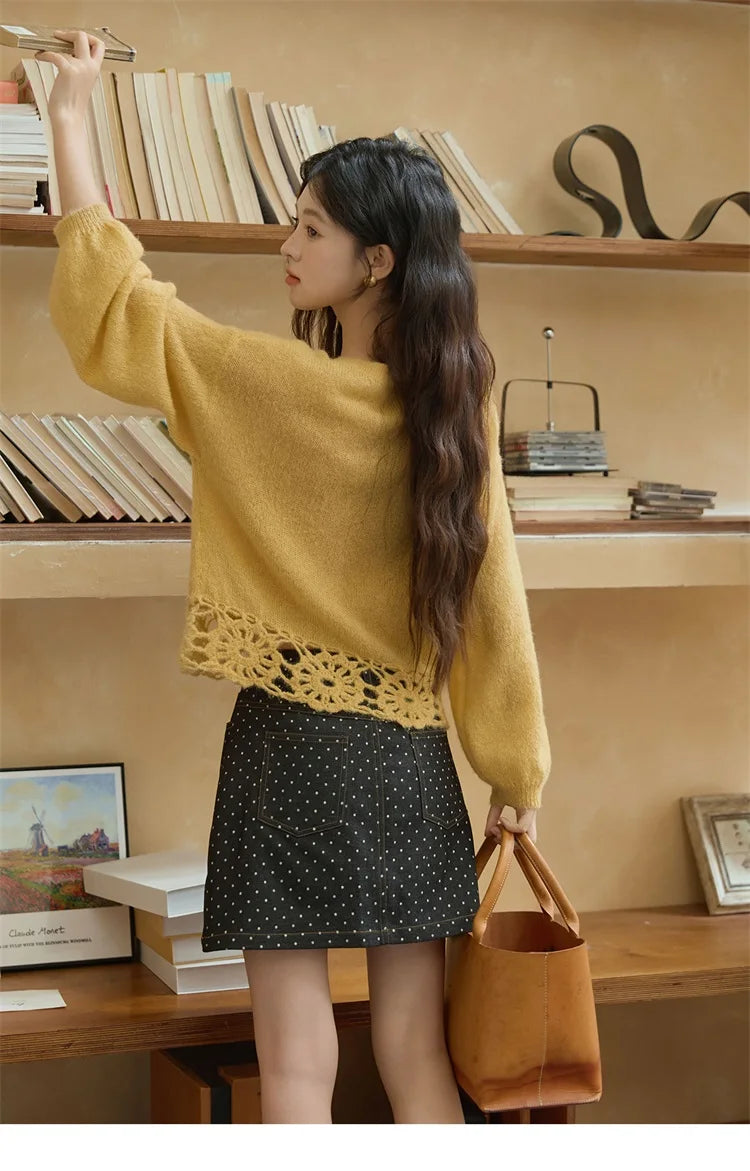 Mishow French Hollow Out Floral O-Neck Sweater MXE44Z2491