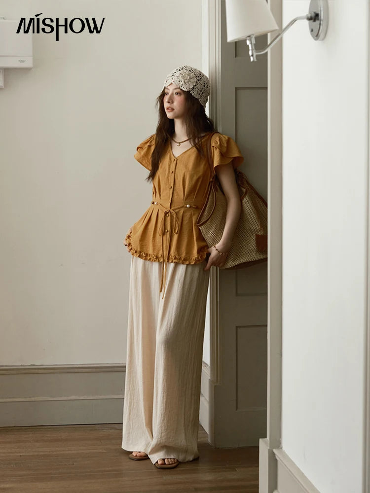MISHOW Petal Sleeve Slim Shirt V-Neck Bead Belt MXE39X1881