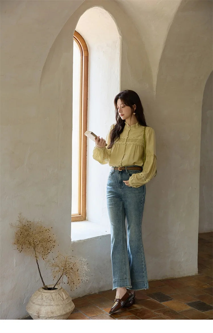 MISHOW Women's Light Yellow Linen Shirt Stand Collar Lace Sleeves MXE42X1976