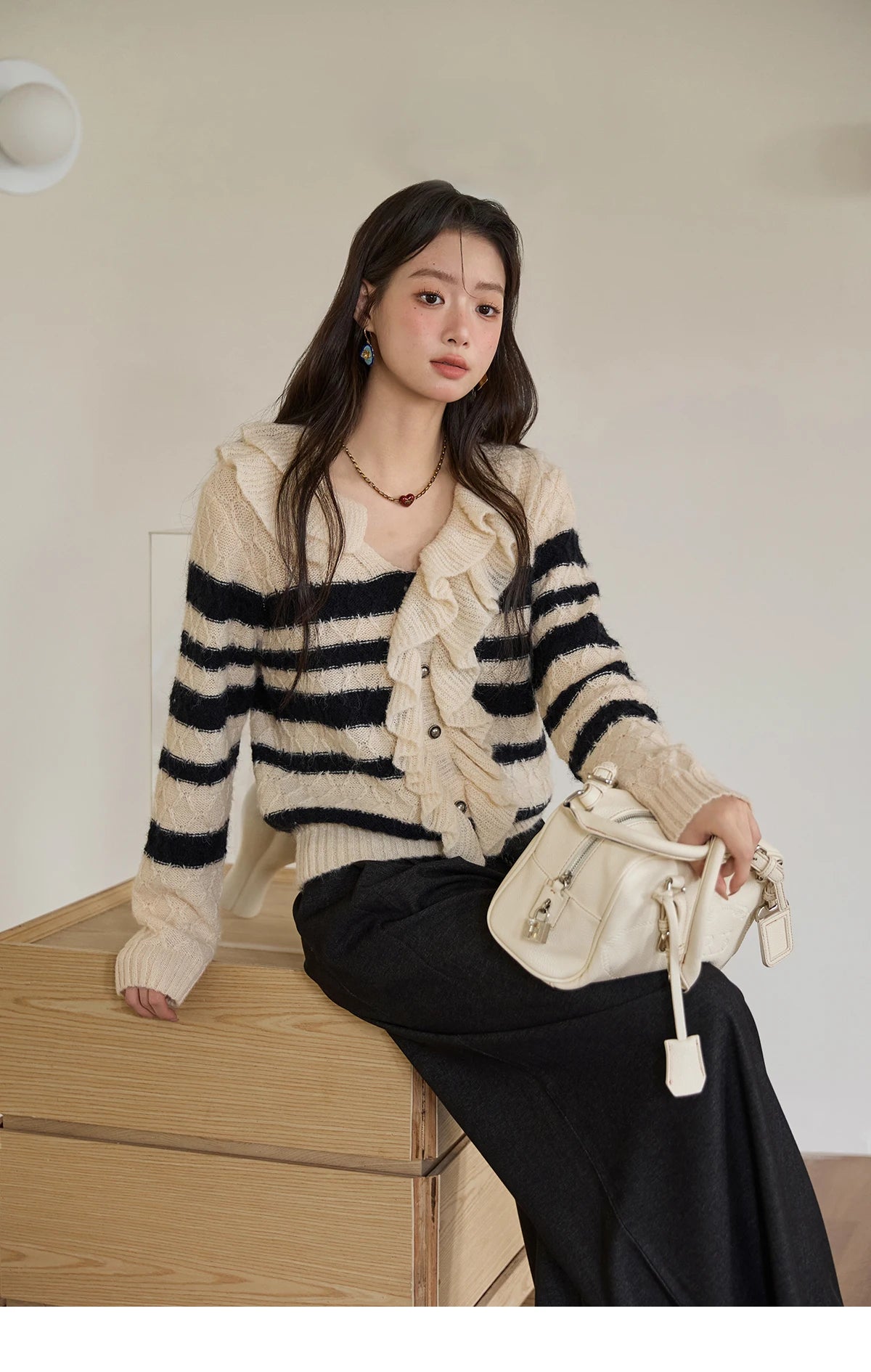 Mishow Striped Asymmetrical Ruffled Cardigan MXE51Z2633