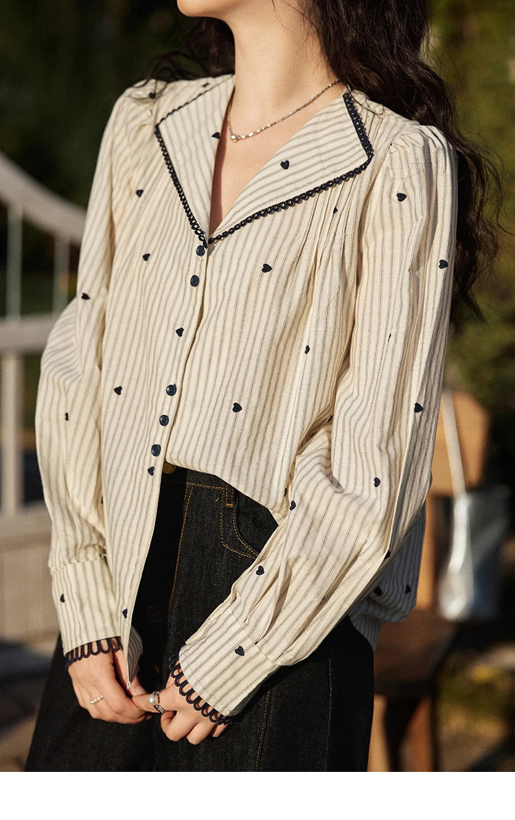 MISHOW Striped Bubble Sleeve Shirt Love Embroidered MXE12C0390