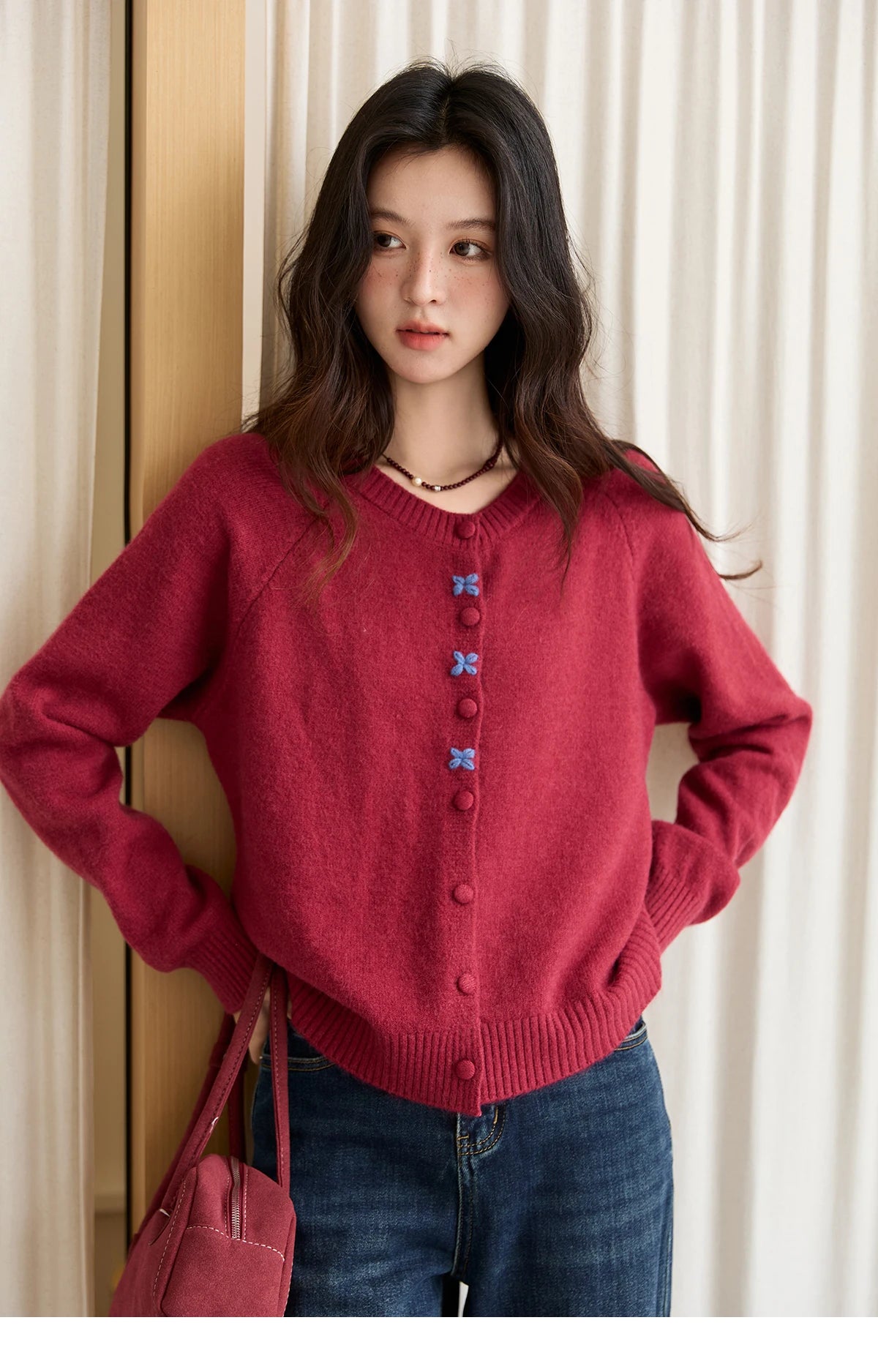 Mishow Red Round Neck Embroidered Cardigan MXE47Z2621