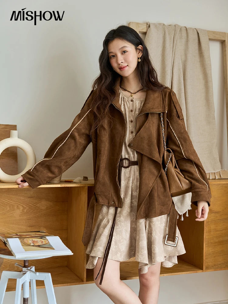 MISHOW Brown Suede Short Jacket Split Turn Down Collar MXE48W0850
