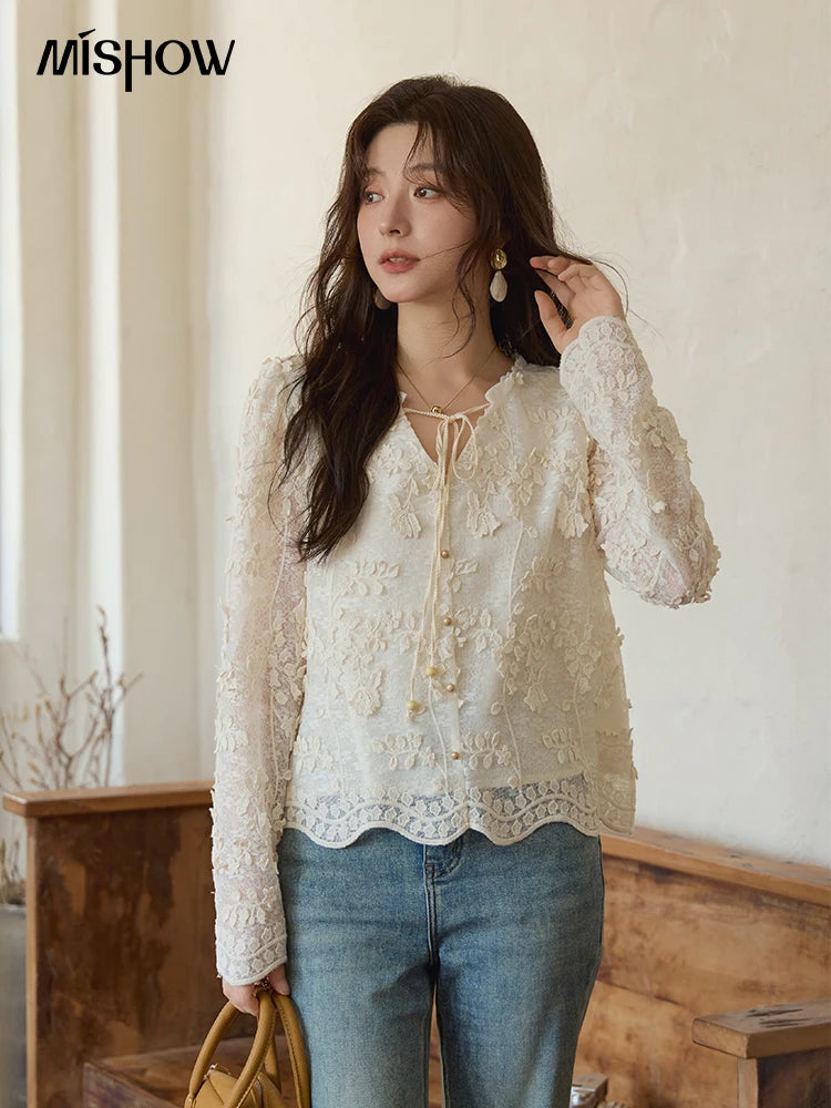 MISHOW Lace Jacquard Embroidered Shirt Black Fungus Edge MXE41X1927