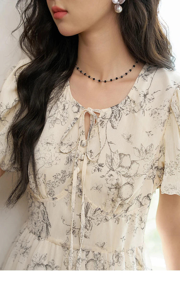 MISHOW Floral Print Lace-Up Chiffon Dress MXD27L1841