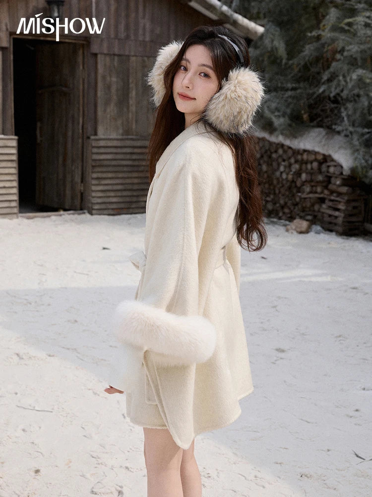 Mishow 100% Wool Cape with Detachable Furry Cuffs MXE90W0947