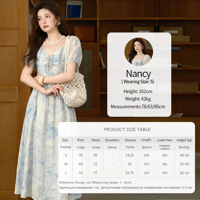 Mishow V-Neck Lace-Up Puff Sleeve Flower Dress MXE38L2379