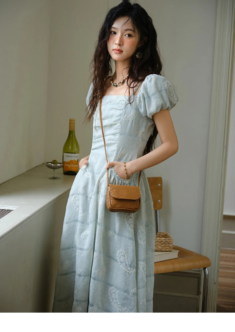 Mishow Paisley Embroidery Square Neck Puff Sleeve Dress MXE34L2265