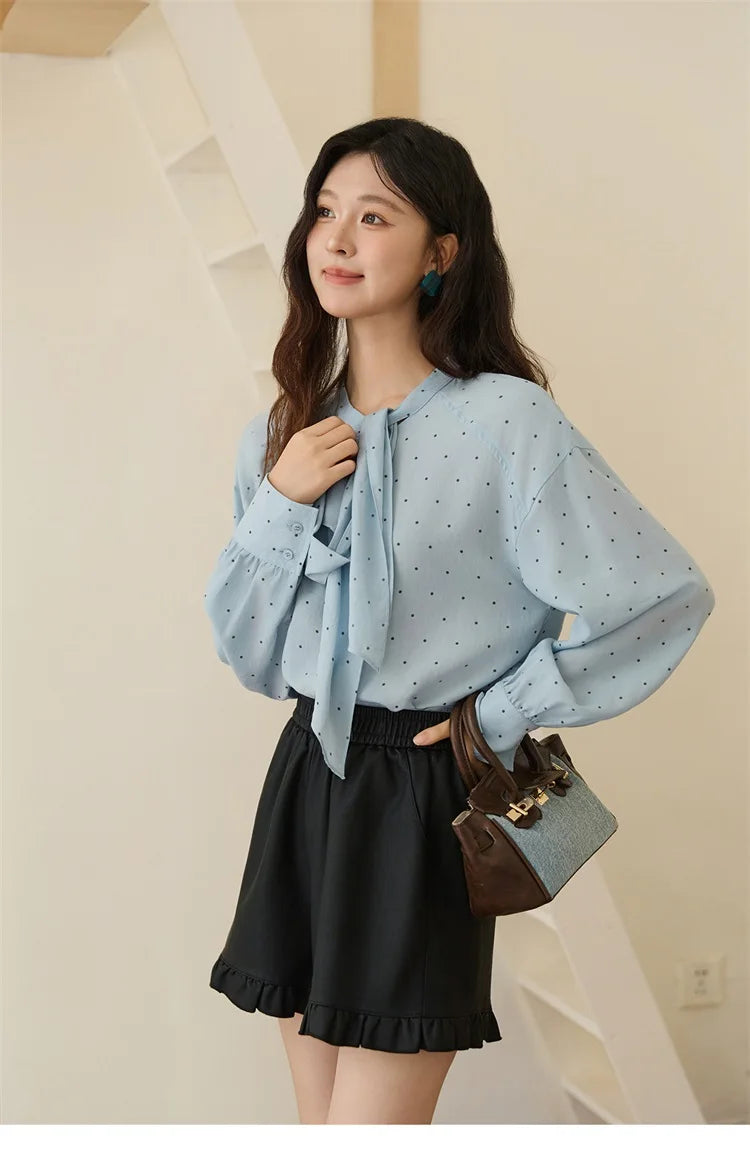MISHOW Blue Polka Dot Shirt Bow Collar Long Sleeve MXE45X2475
