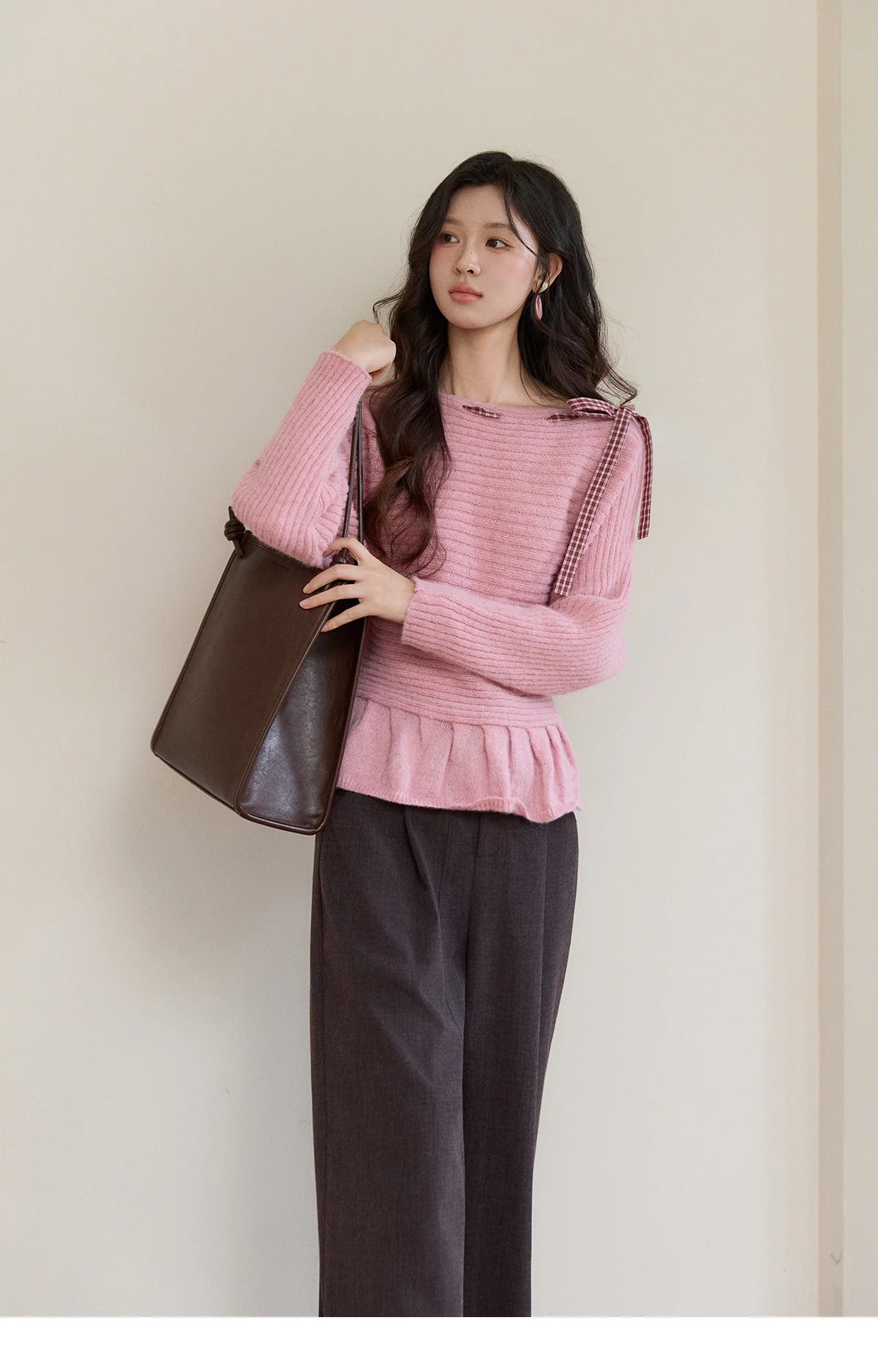 Mishow Pink Plaid Bow Peplum Ribbed Sweater MXF11Z3016