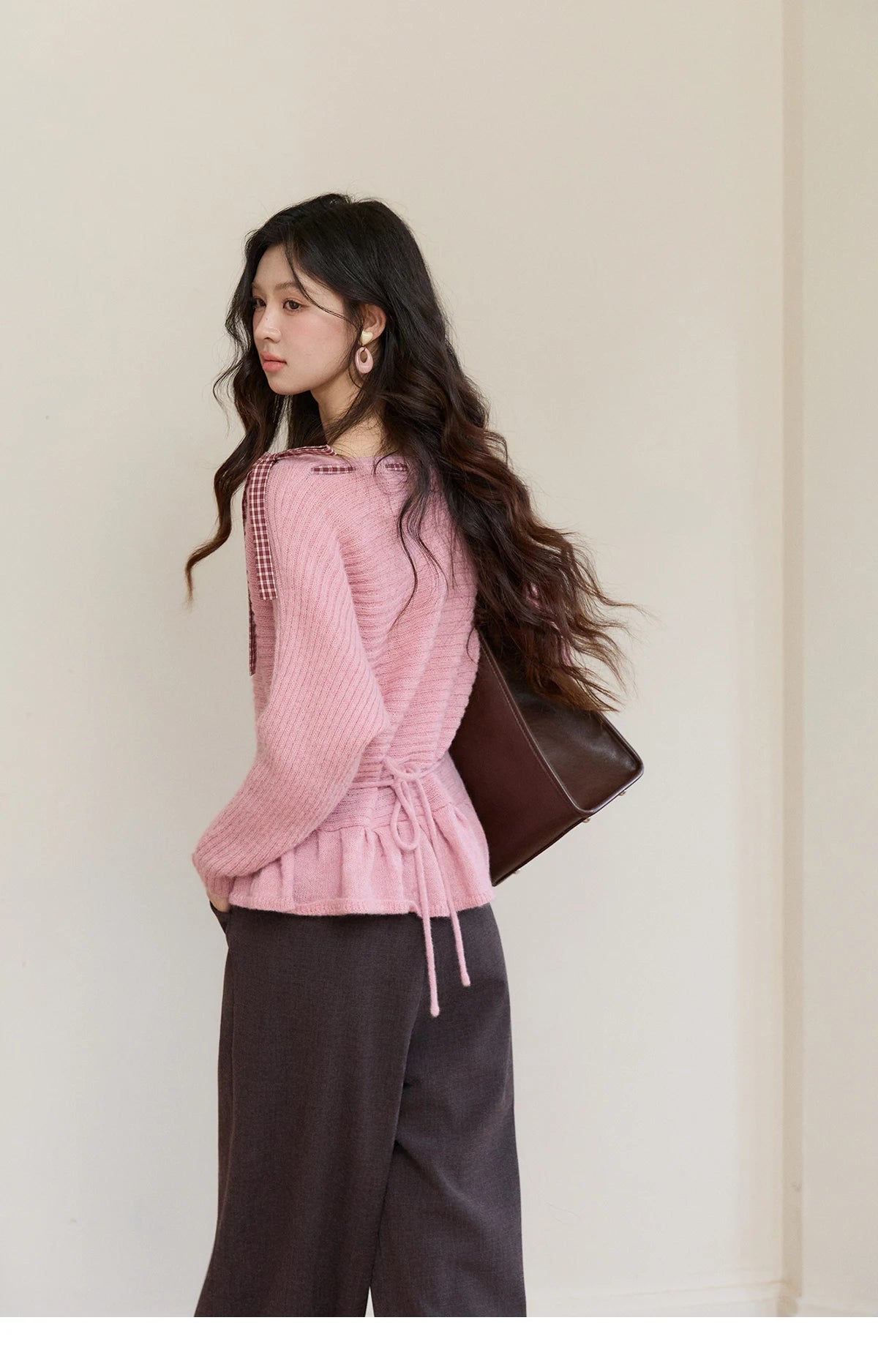 Mishow Pink Plaid Bow Peplum Ribbed Sweater MXF11Z3016