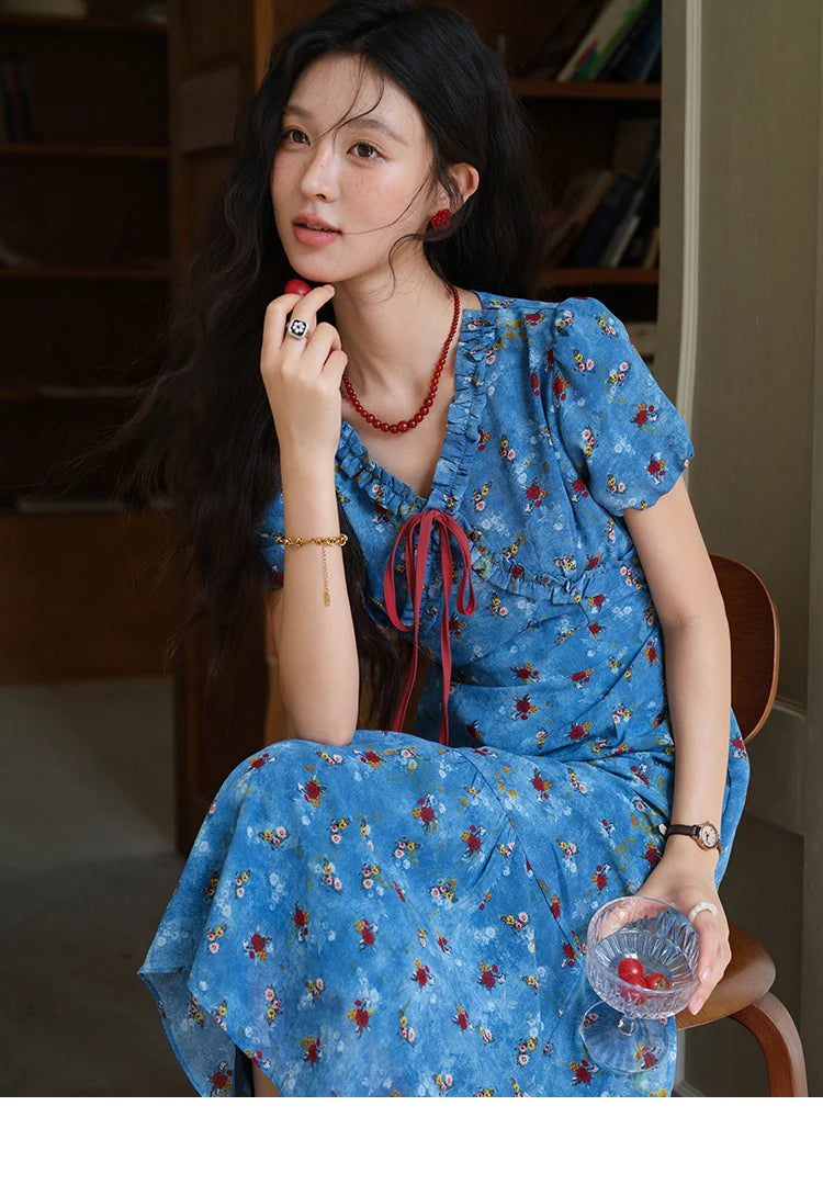 Mishow V-Neck Lace-Up Puff Sleeve Chiffon Dress MXE39L2401