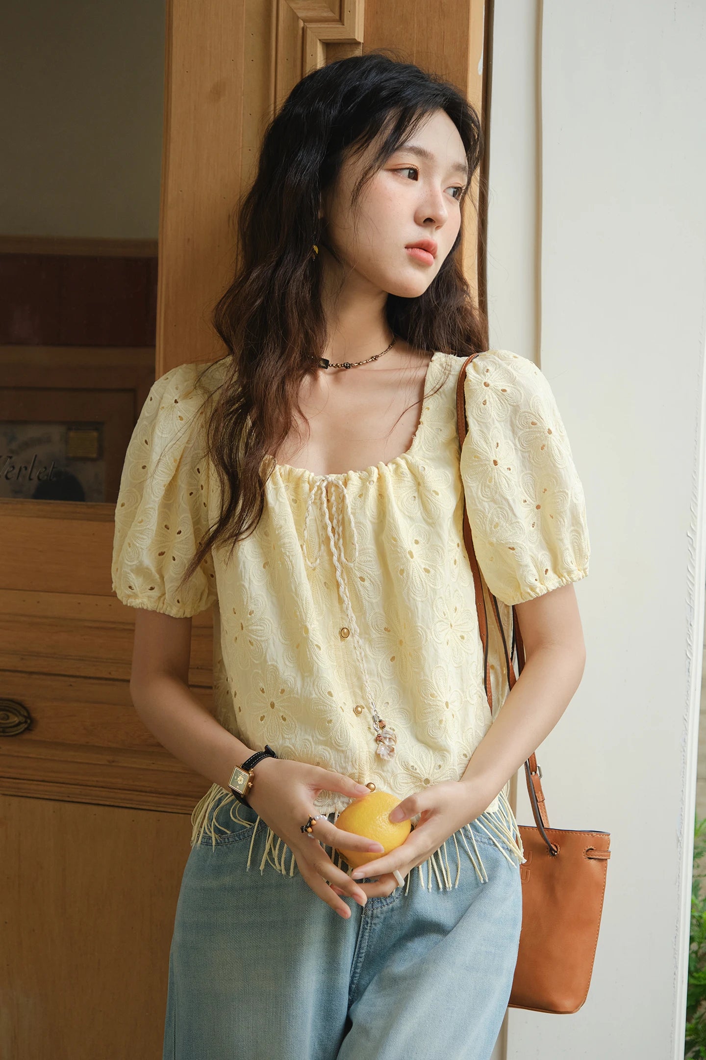 MISHOW Hollow Out Blouse Embroidery Puff Sleeve Square Collar Tassel MXE37X1851