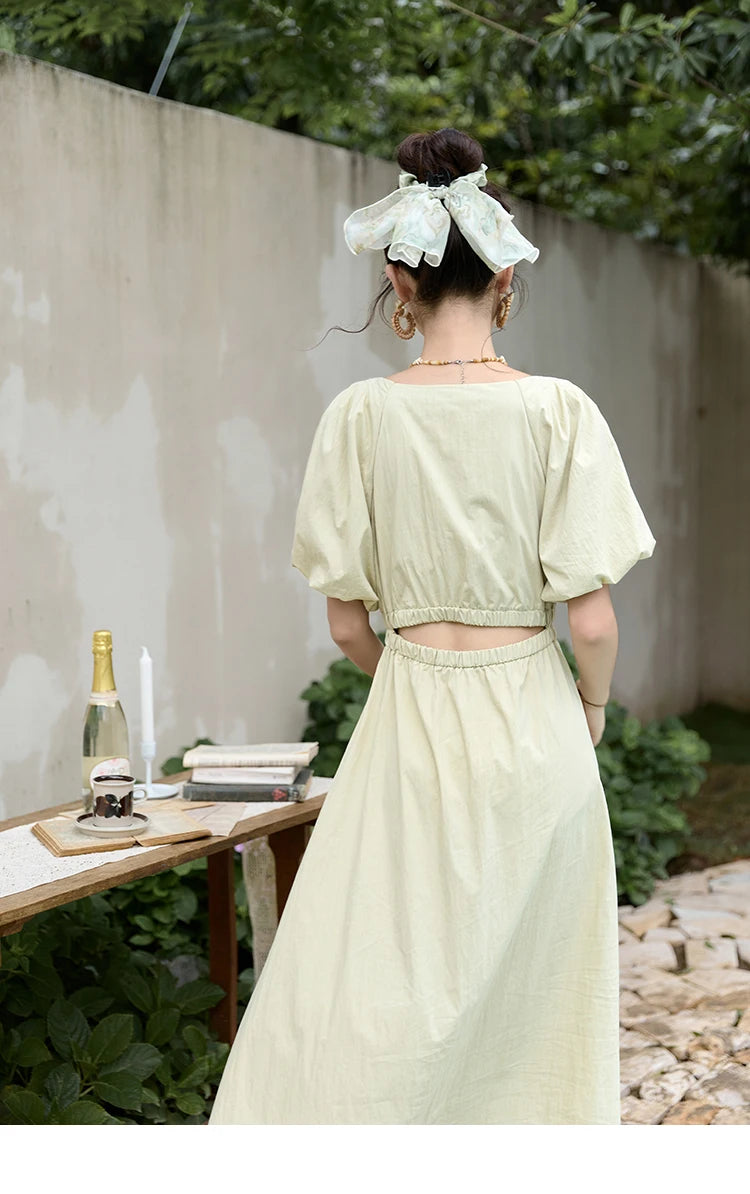 Mishow French V-Neck Bubble Sleeve Back Green Dress MXD22L1825