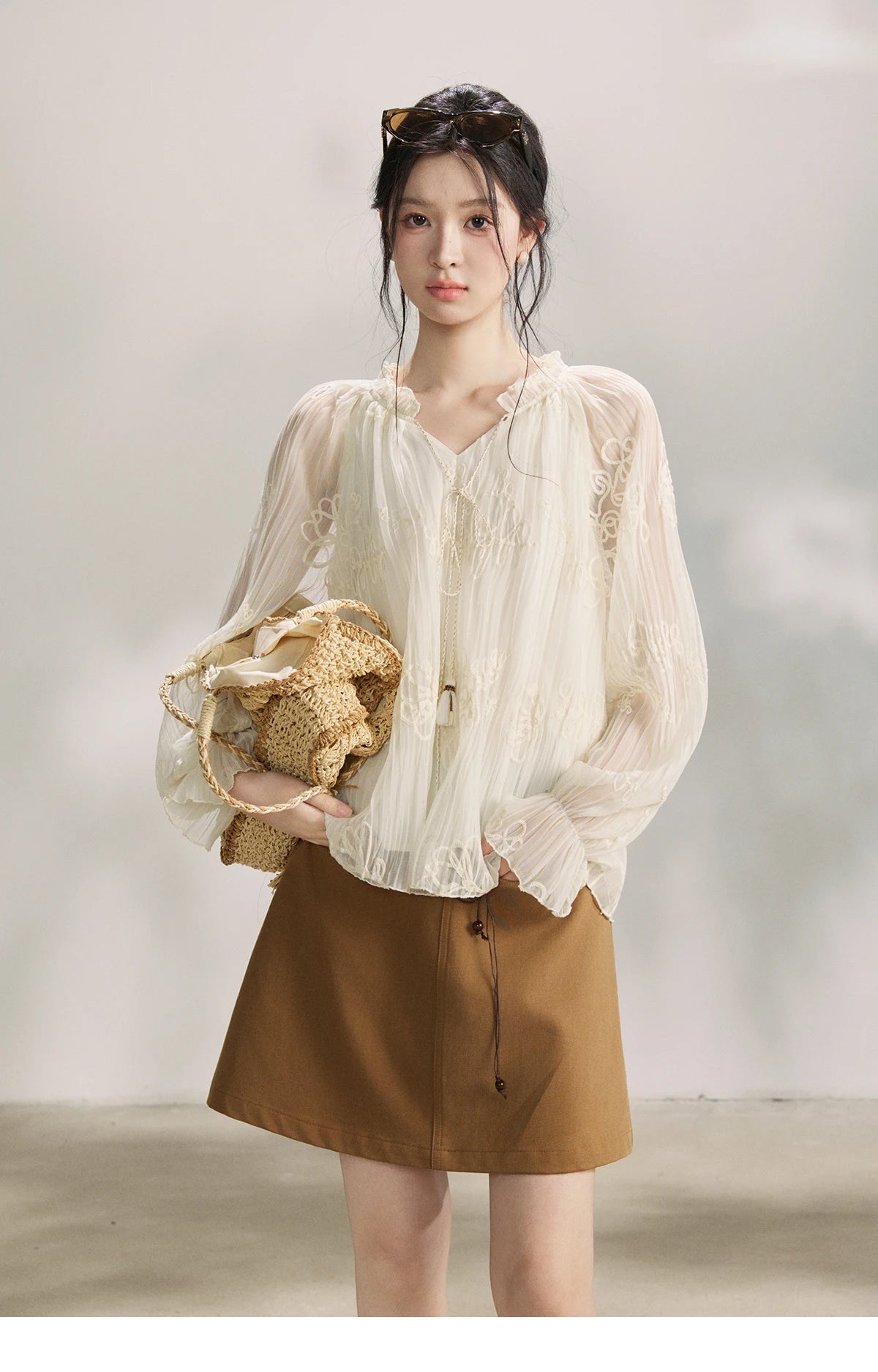 MISHOW Tassel Tie Flower Embroidered Blouse V-Neck Lantern Sleeve MXF13X2525