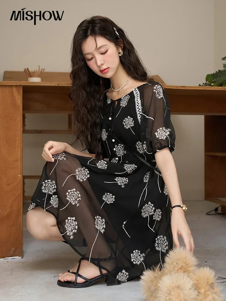 Mishow Taraxacum Black Embroidered Lace-Up Dress MXC39L1567