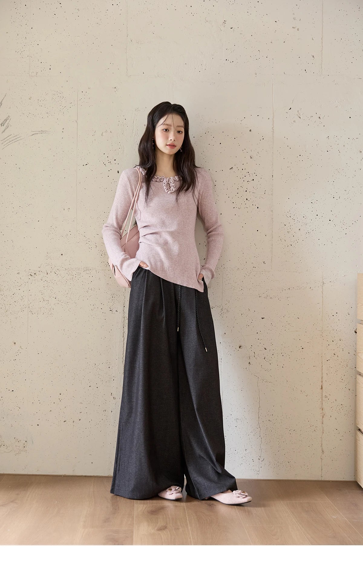 MISHOW Gray Wide-Leg Pants Lace-Up High Waist Slim MXE51K1106