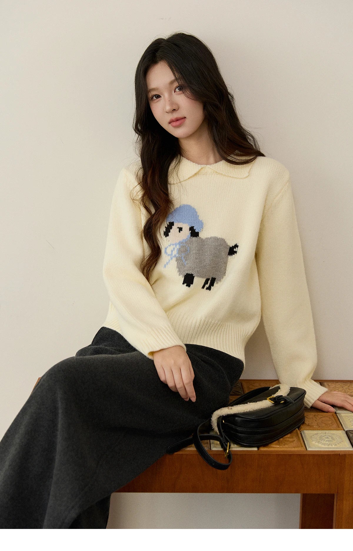 Mishow Beige Sheep Pattern Round Collar Sweater MXE94Z2962
