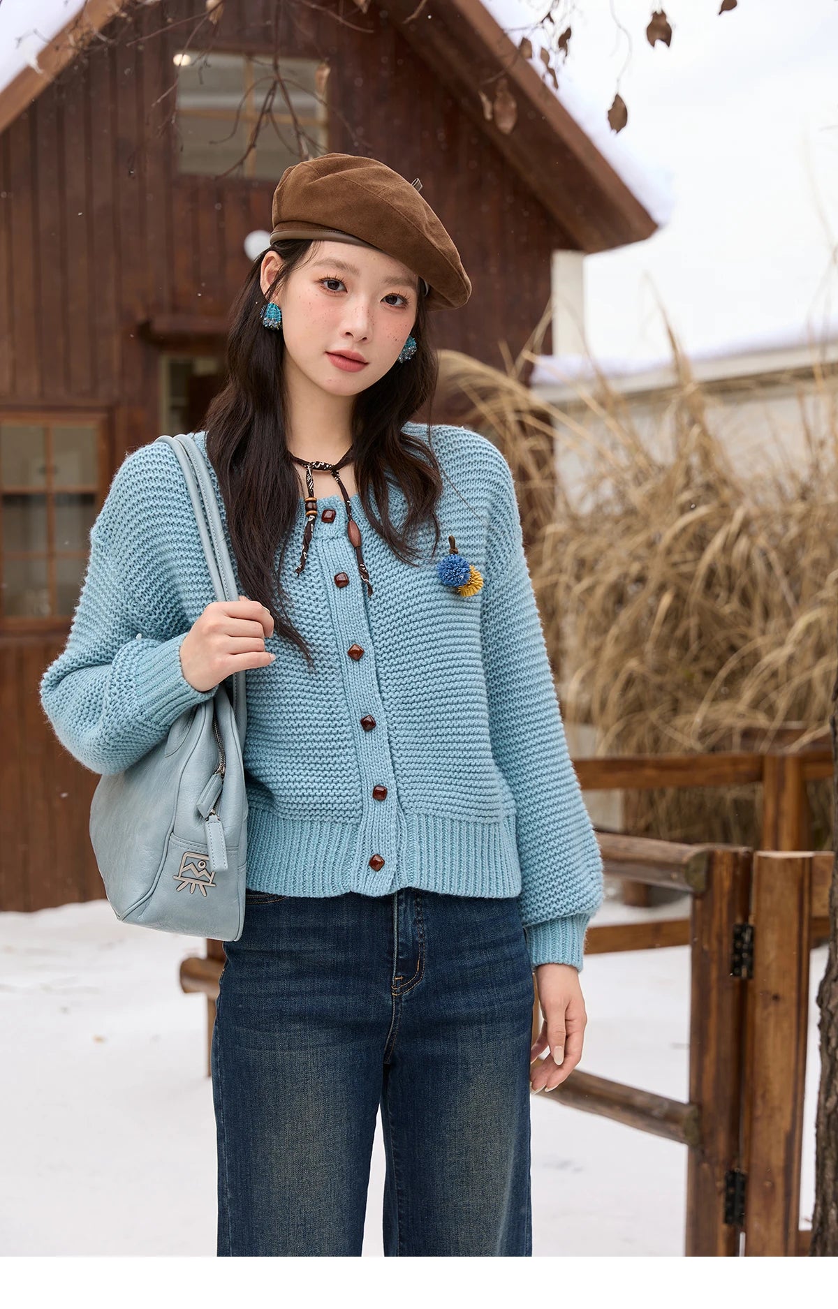 Mishow Blue Crew Neck Pompom Decor Cardigan MXE51Z2551