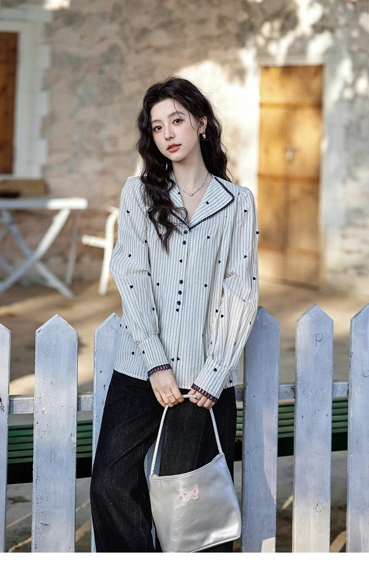 MISHOW Striped Bubble Sleeve Shirt Love Embroidered MXE12C0390