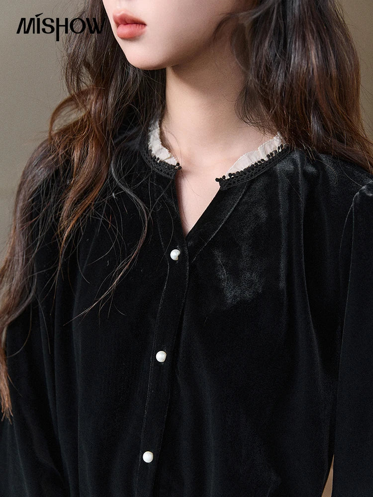 Mishow Black Velvet Lace Pearl Button Puff Sleeve Shirt MXE94X2516